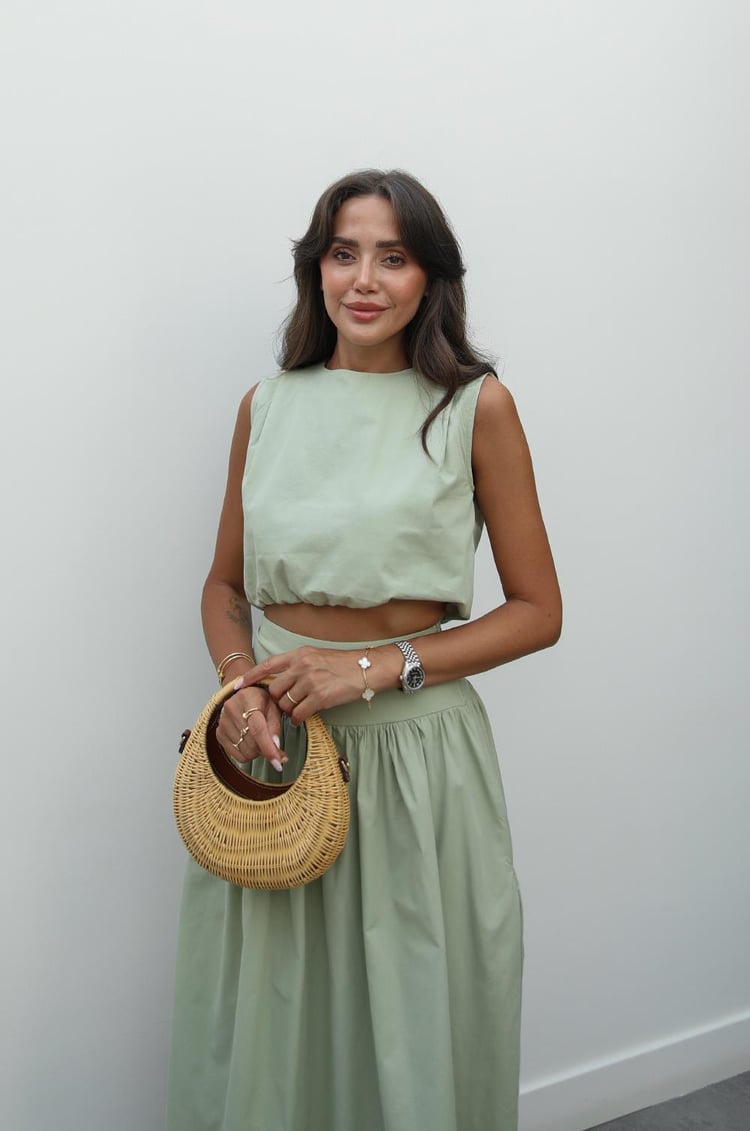 Yeşil Altı Lastiki Crop Etek Takım