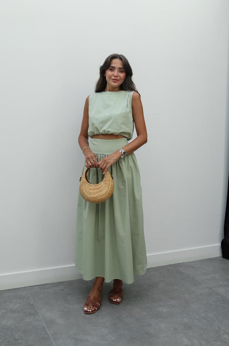 Yeşil Altı Lastiki Crop Etek Takım