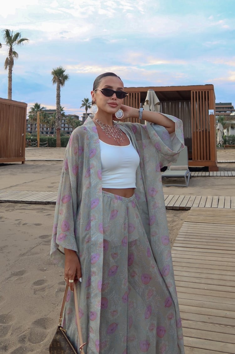 Yeşil Çiçek Desenli Kimono Pantolon Takım
