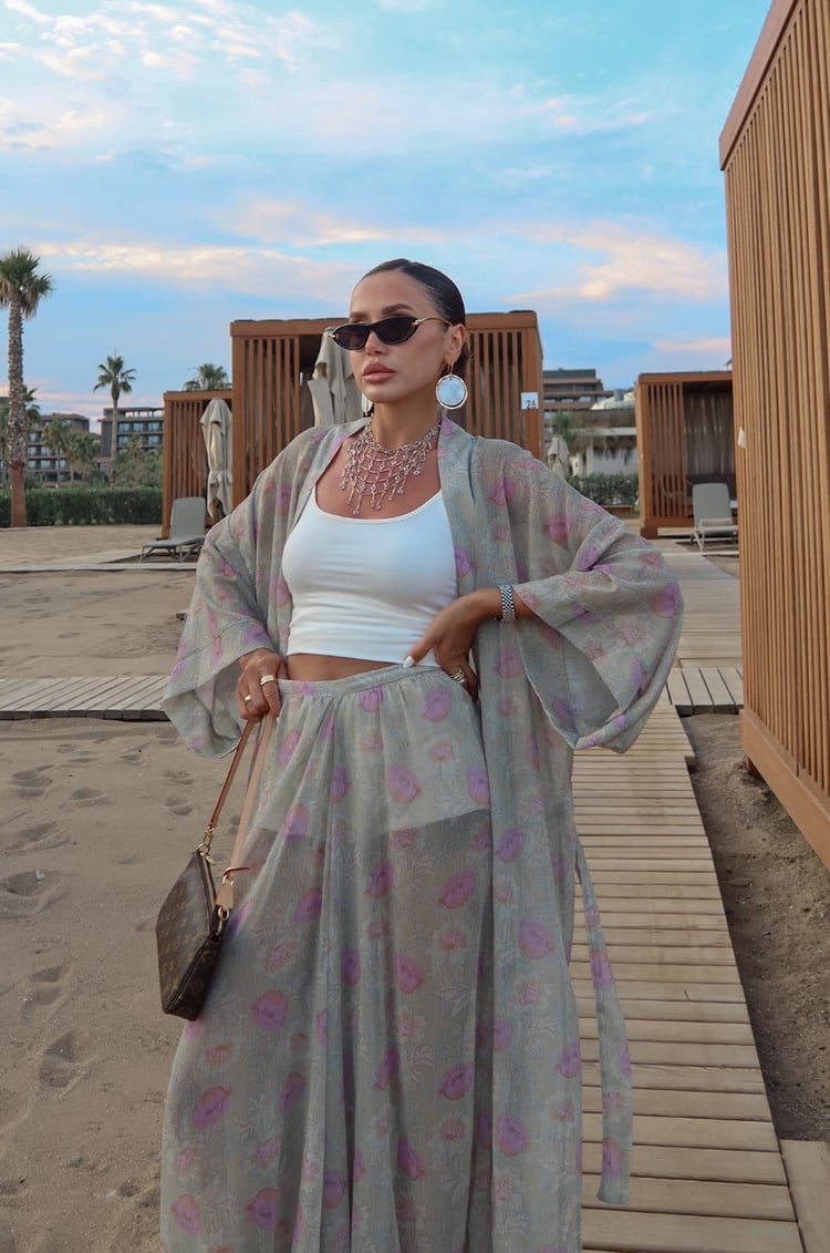 Yeşil Çiçek Desenli Kimono Pantolon Takım