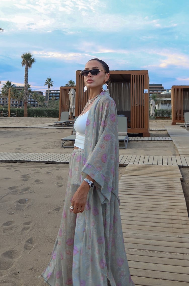 Yeşil Çiçek Desenli Kimono Pantolon Takım