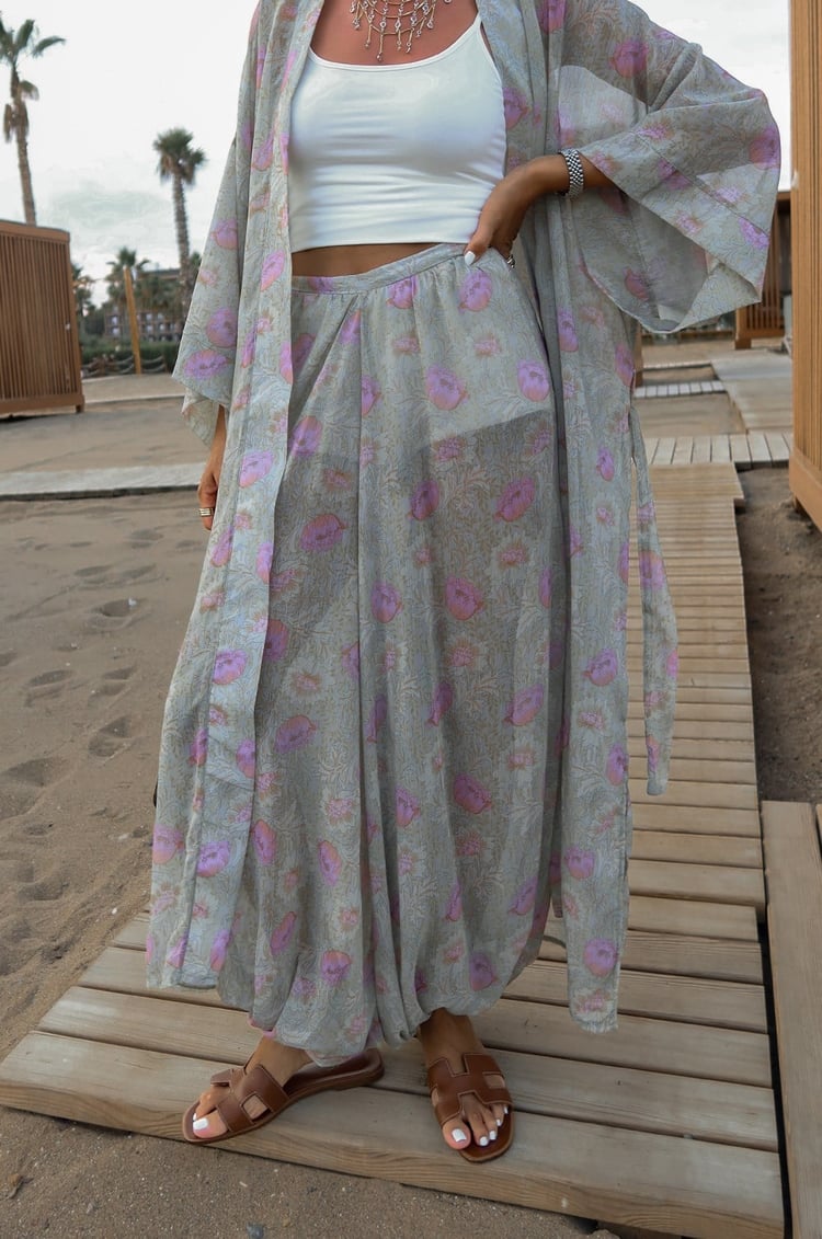 Yeşil Çiçek Desenli Kimono Pantolon Takım