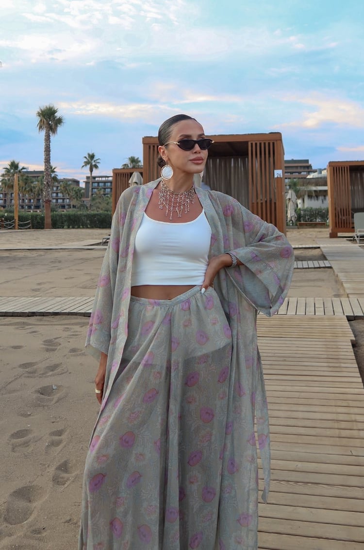 Yeşil Çiçek Desenli Kimono Pantolon Takım