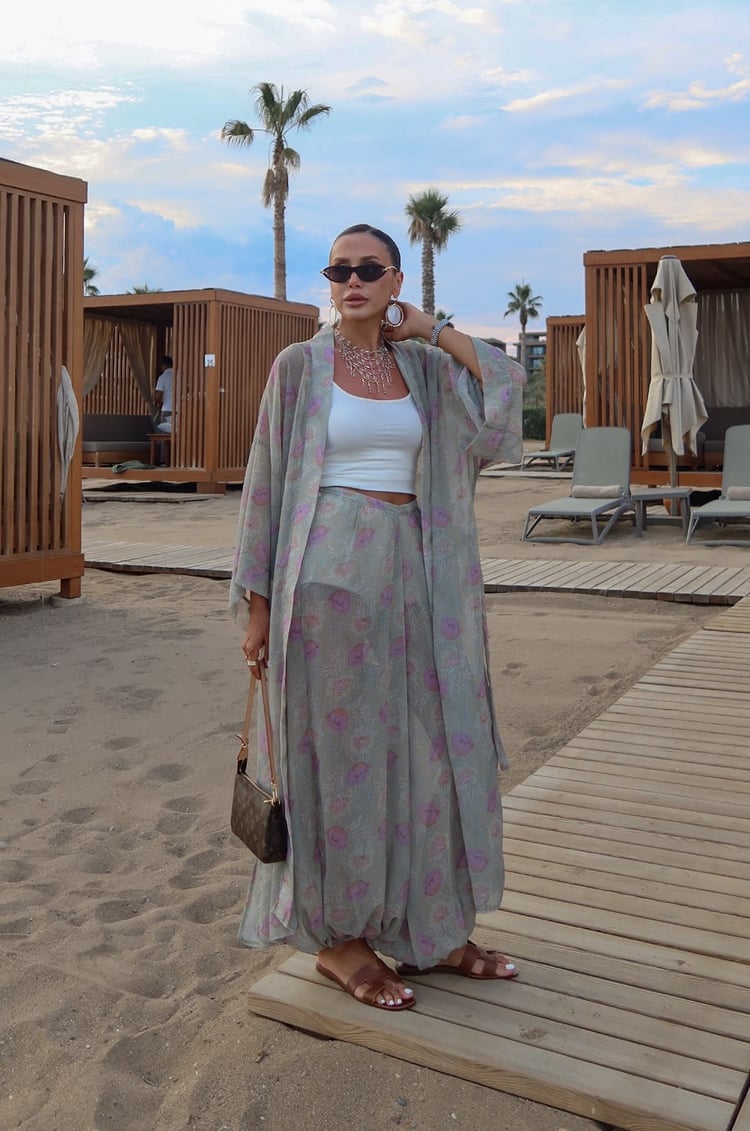 Yeşil Çiçek Desenli Kimono Pantolon Takım