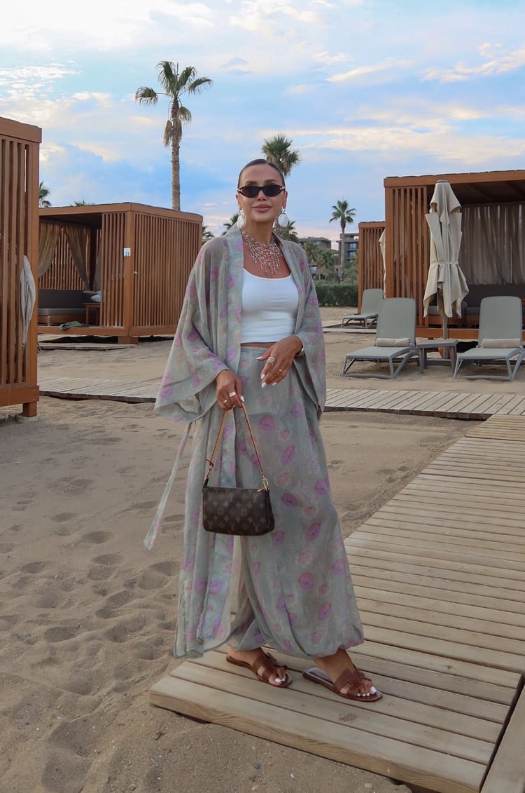 Yeşil Çiçek Desenli Kimono Pantolon Takım