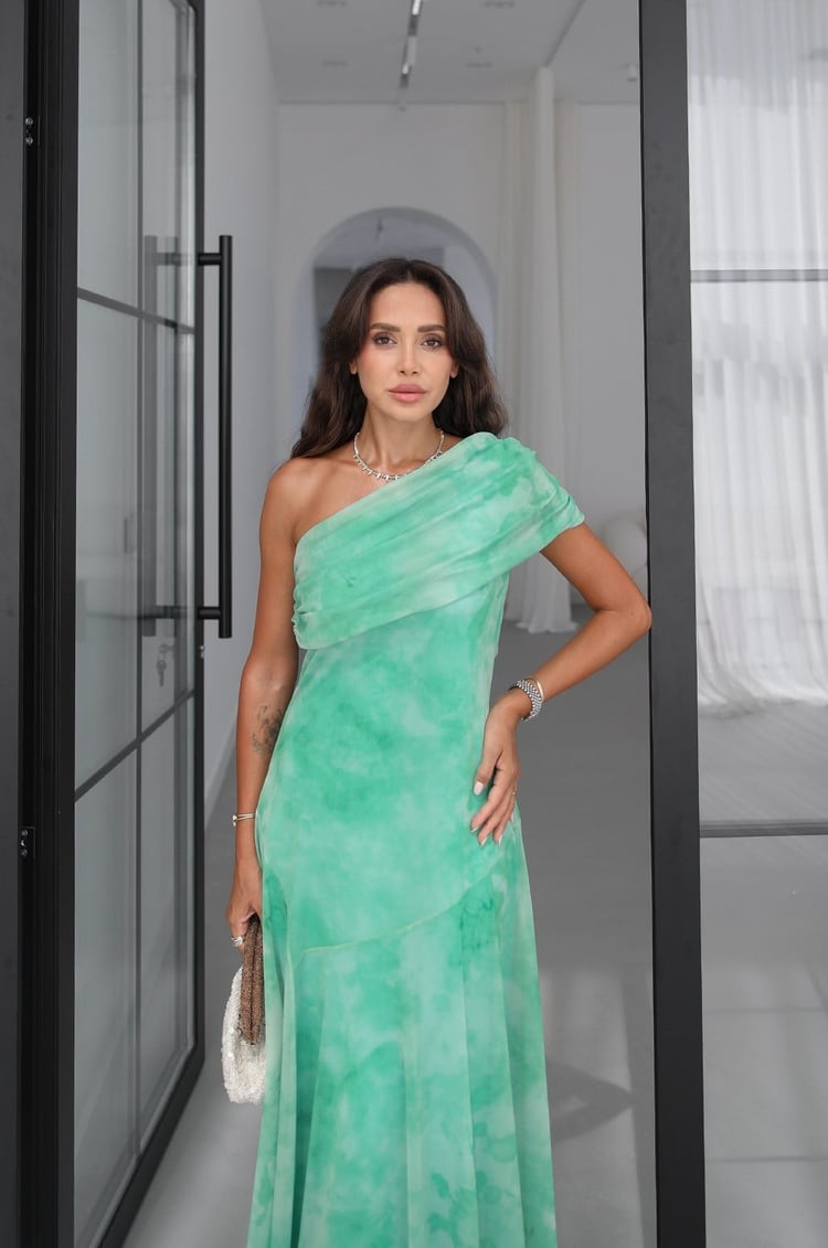 Yeşil Desenli One Shoulder Şifon Elbise