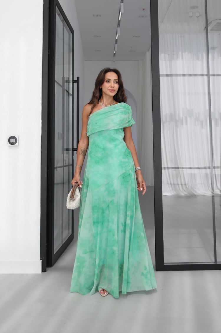 Yeşil Desenli One Shoulder Şifon Elbise