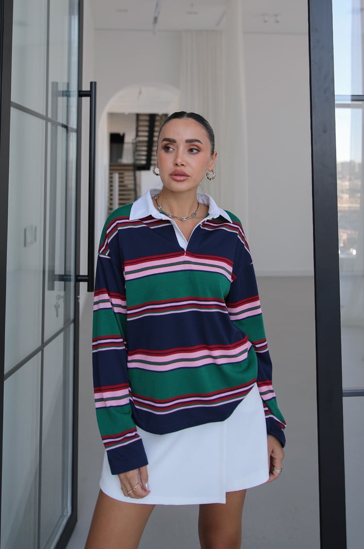Yeşil Gömlek Yakalı Çizgili İnce Sweatshirt