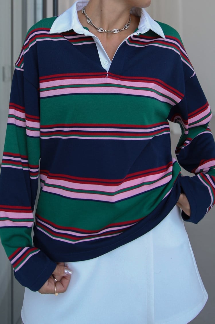 Yeşil Gömlek Yakalı Çizgili İnce Sweatshirt