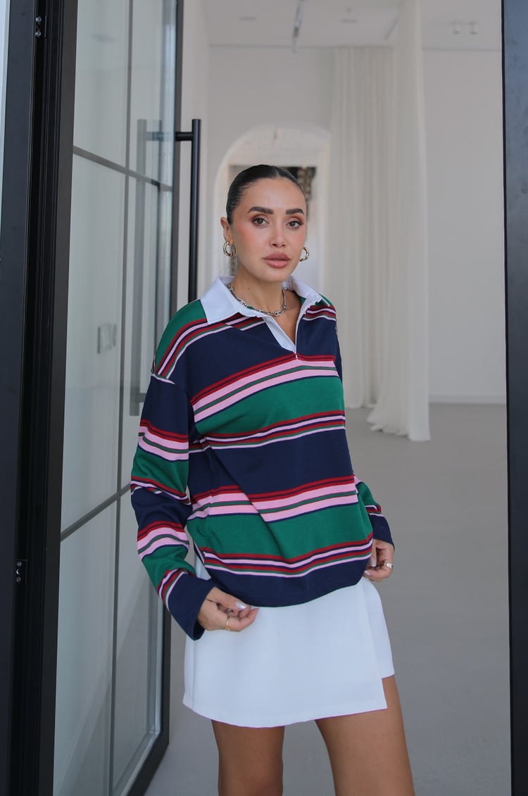 Yeşil Gömlek Yakalı Çizgili İnce Sweatshirt