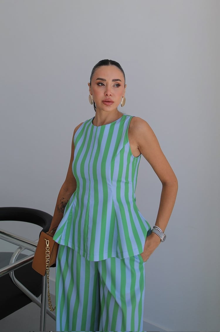 Mavi Yeşil Çizgili Bluz Pantolon Takım