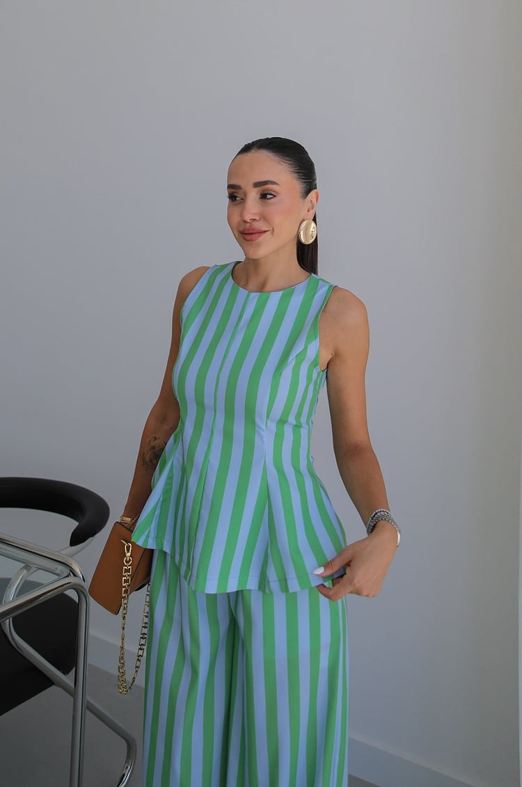 Mavi Yeşil Çizgili Bluz Pantolon Takım