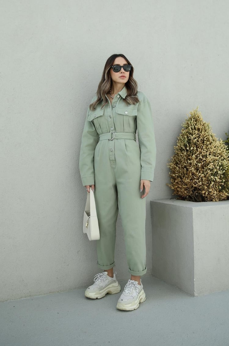 Yeşil Kemerli Gabardin Tulum