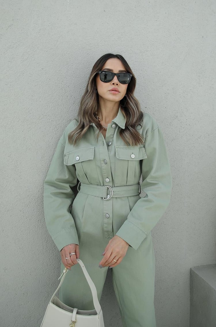 Yeşil Kemerli Gabardin Tulum