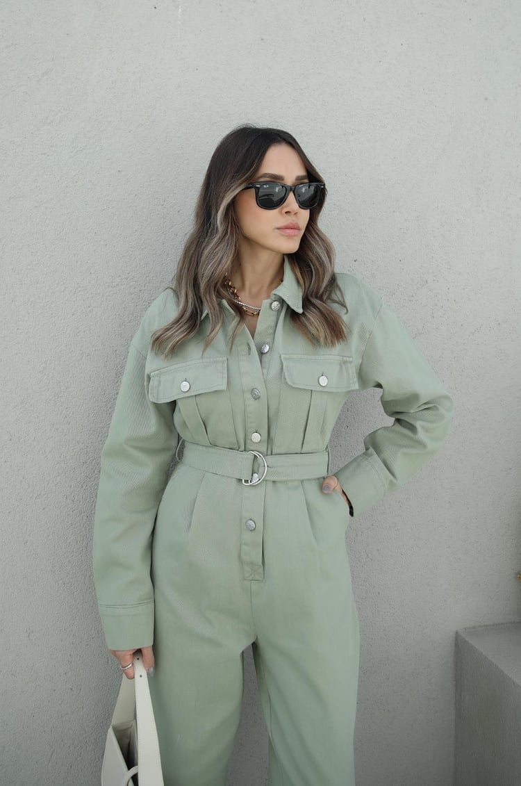 Yeşil Kemerli Gabardin Tulum