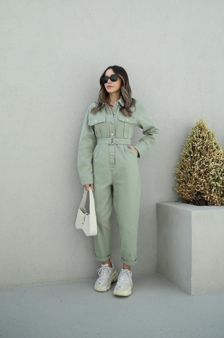 Yeşil Kemerli Gabardin Tulum