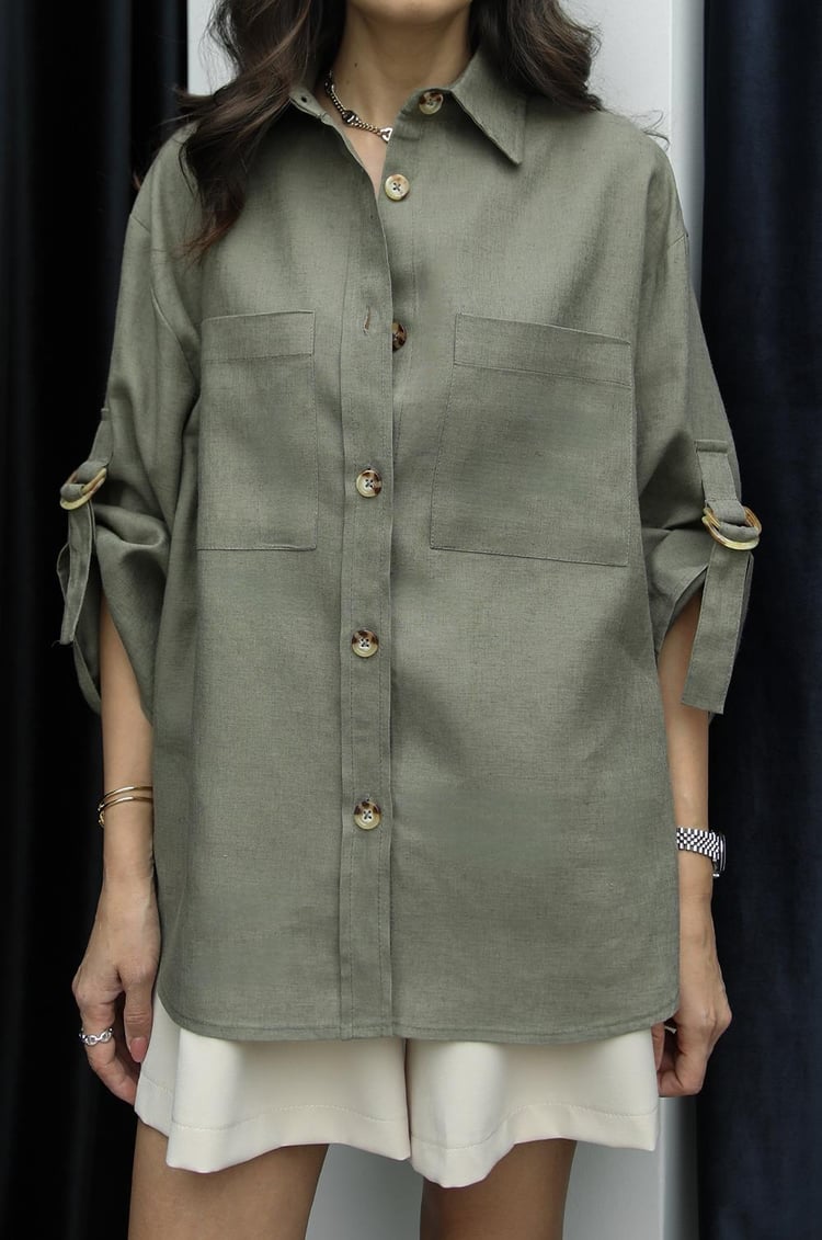 Yeşil Kolları Kemer Detaylı Ham Keten Gömlek