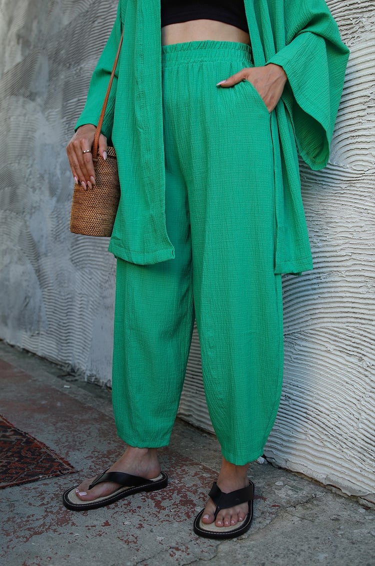 Yeşil Pantolon Kimono Gofre Takım