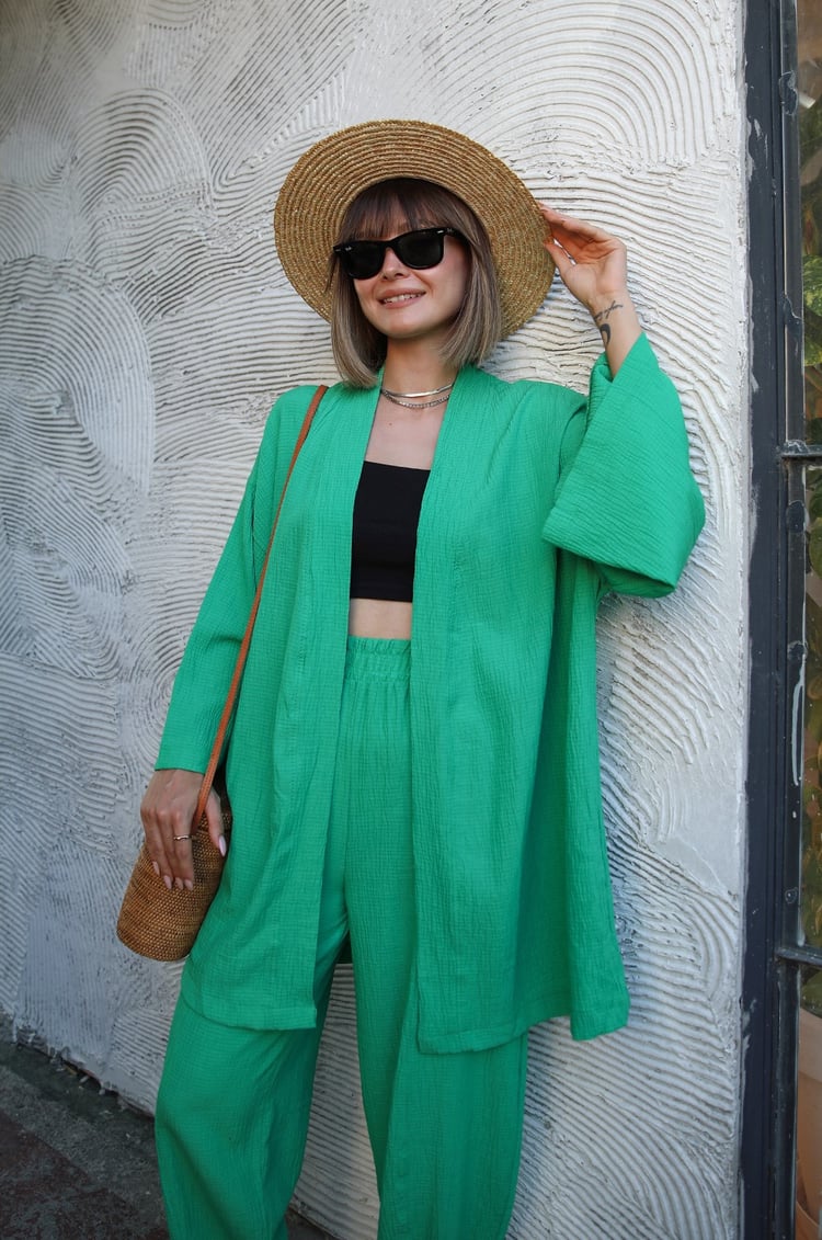 Yeşil Pantolon Kimono Gofre Takım