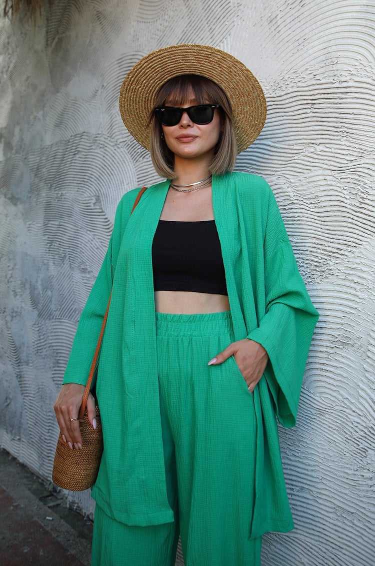 Yeşil Pantolon Kimono Gofre Takım