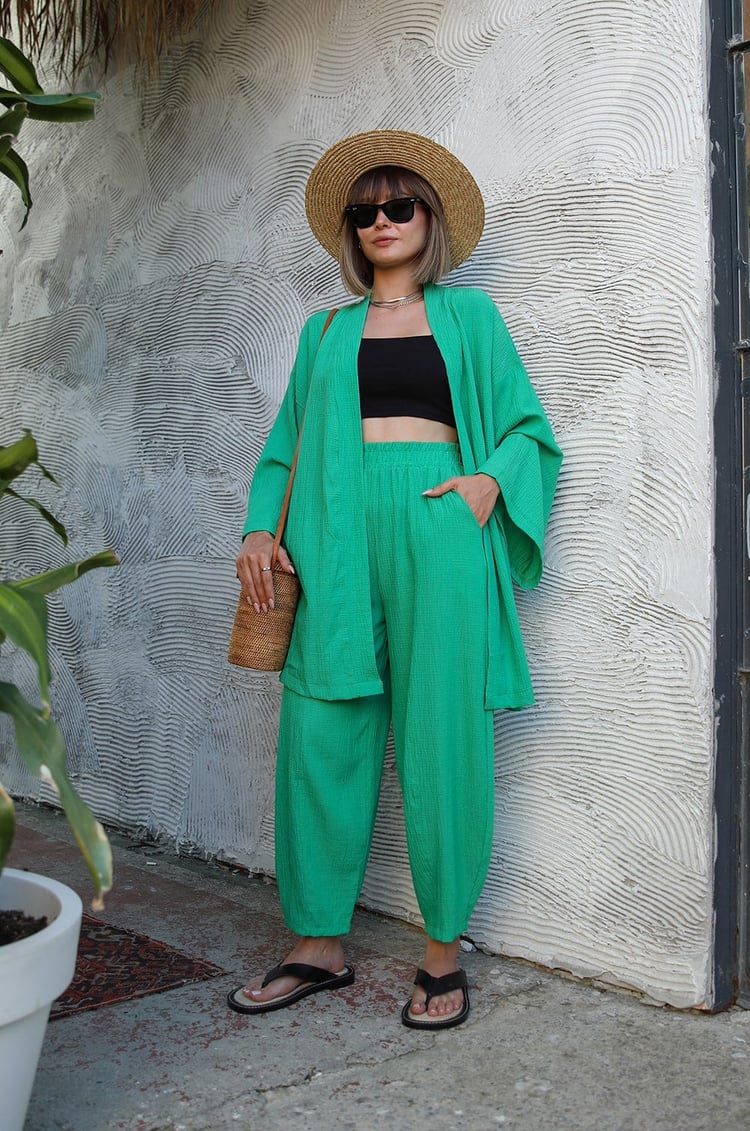 Yeşil Pantolon Kimono Gofre Takım