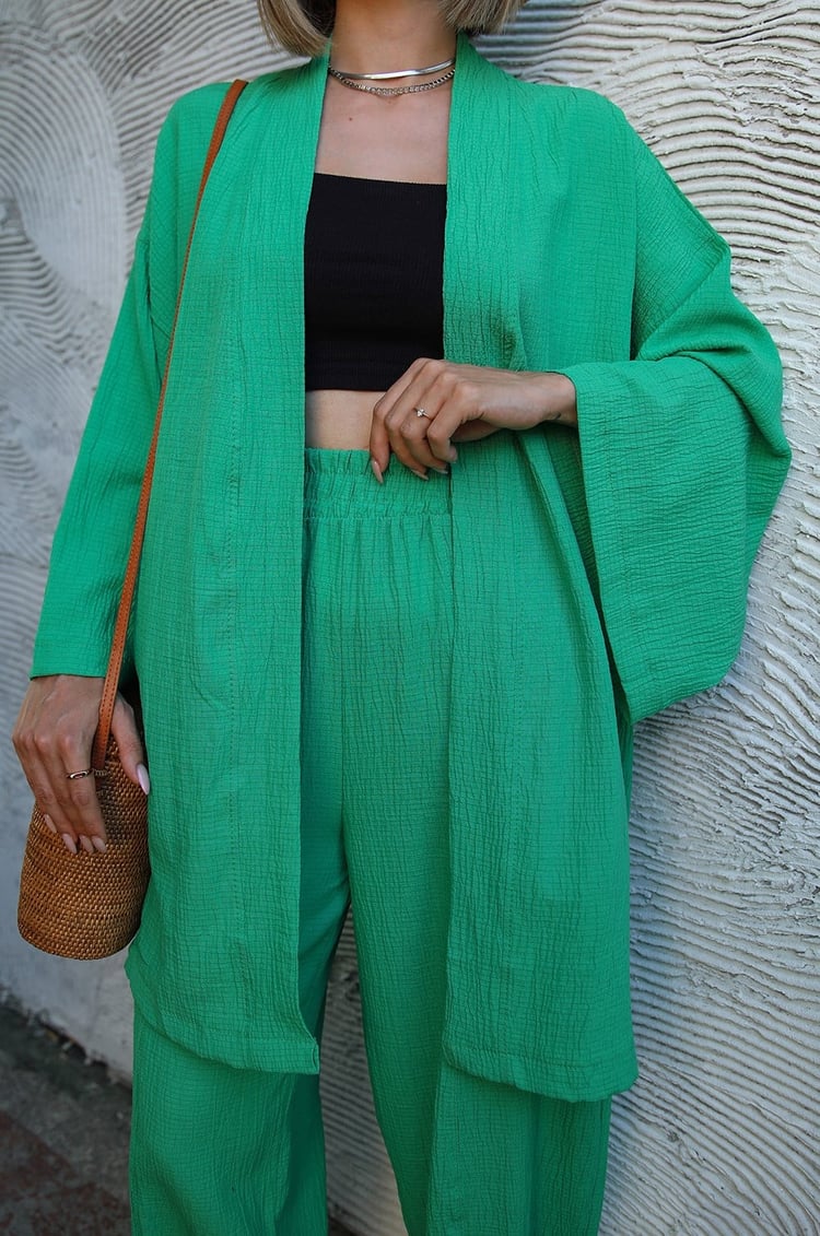 Yeşil Pantolon Kimono Gofre Takım