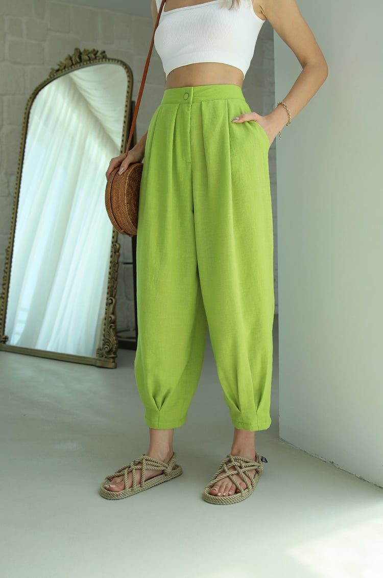 Yeşil Pileli Çıtçıt Düğmeli Pantolon