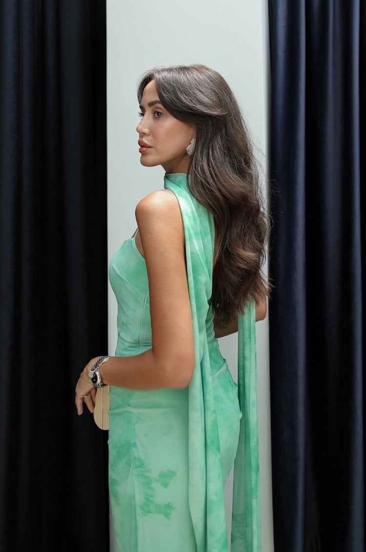 Yeşil Şallı Astarlı Tül Elbise