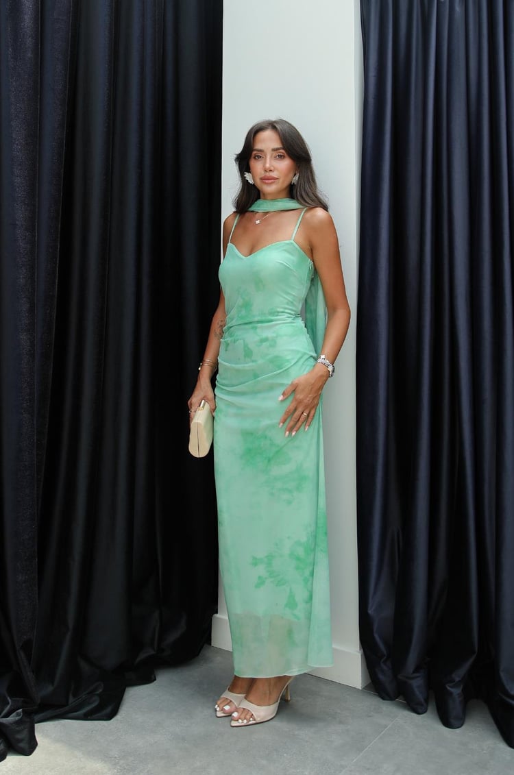 Yeşil Şallı Astarlı Tül Elbise