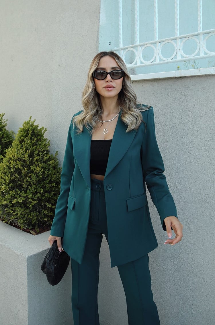 Zümrüt Yeşil İspanyol Pantolon Blazer Premium Takım