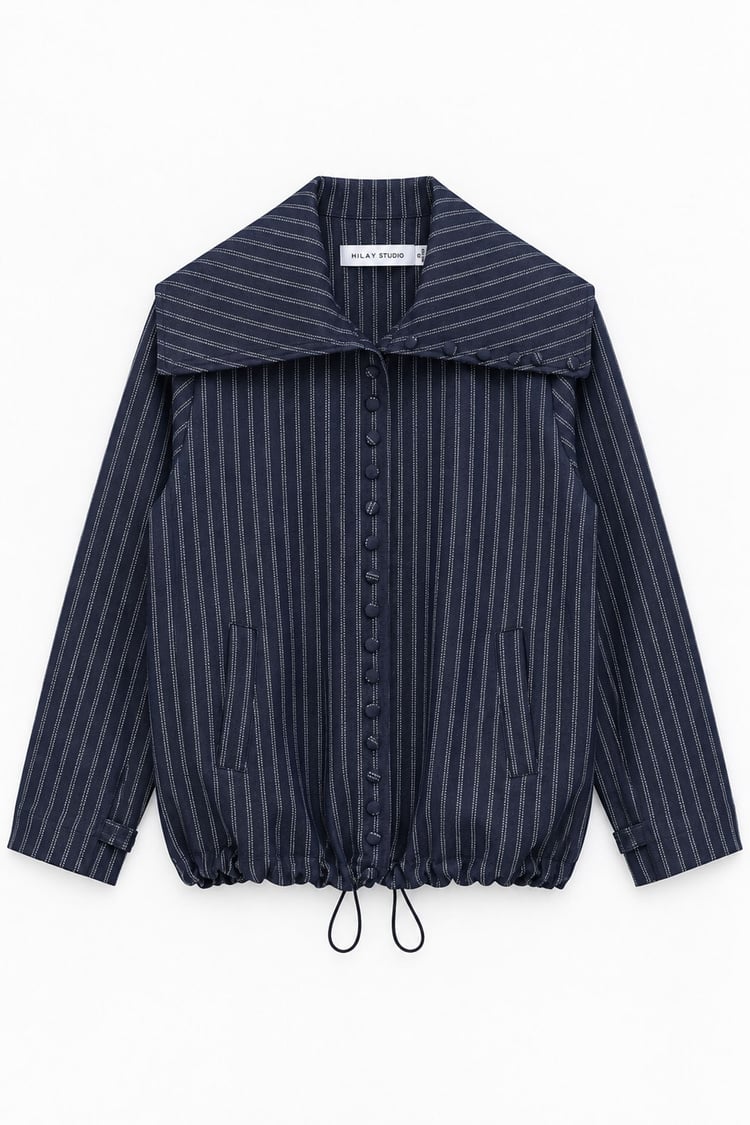 Coco Düğmeli Fleto Cepli Çizgili Denim Bomber LACİVERT