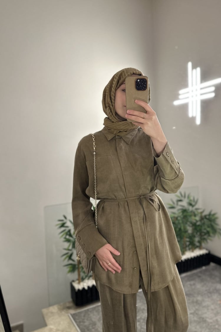 Como Düğmeli Biye Kuşaklı Lyocell Gömlek HAKİ