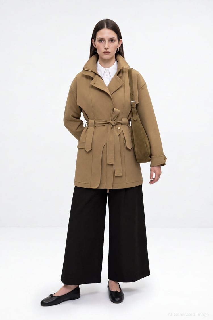 Cool Dik Yaka Belden Kuşaklı Pamuklu Parka CAMEL