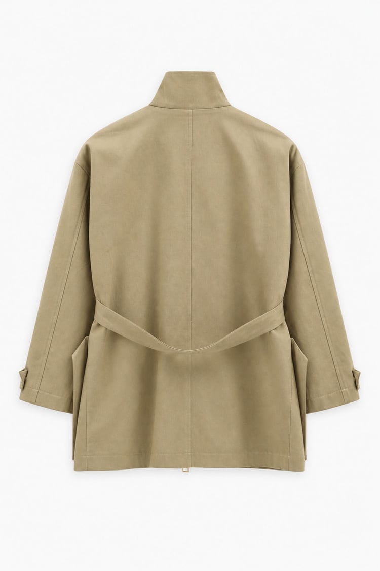 Cool Dik Yaka Belden Kuşaklı Pamuklu Parka CAMEL