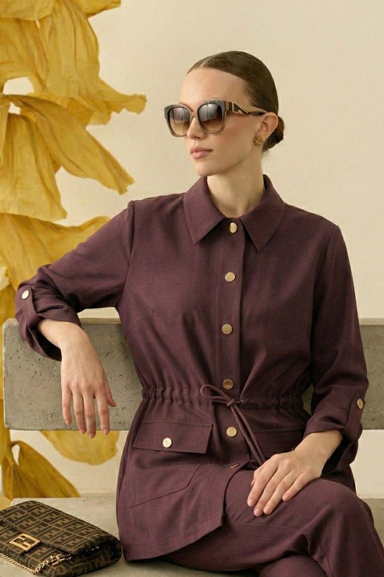 Cozy Düğmeli Beli Tünel Kuşaklı Tencel Kap MÜRDÜM
