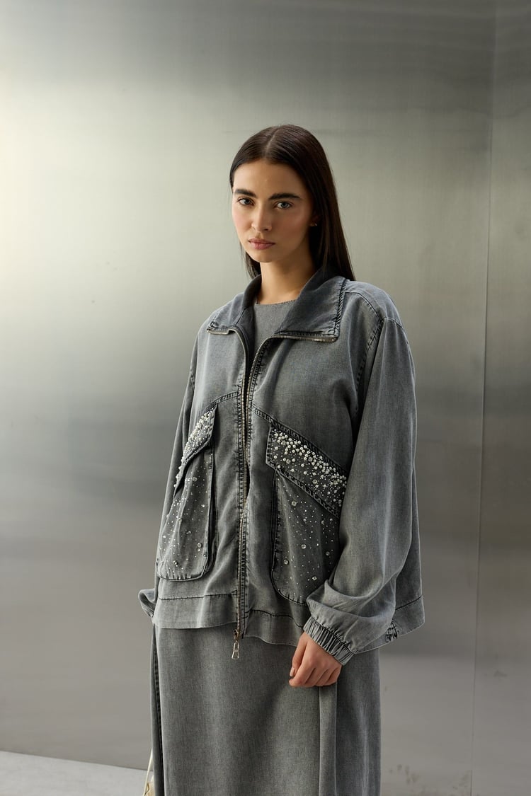 Felicia Taşlı Fermuarlı Tencel İçlik Elbiseli Takım GRİ