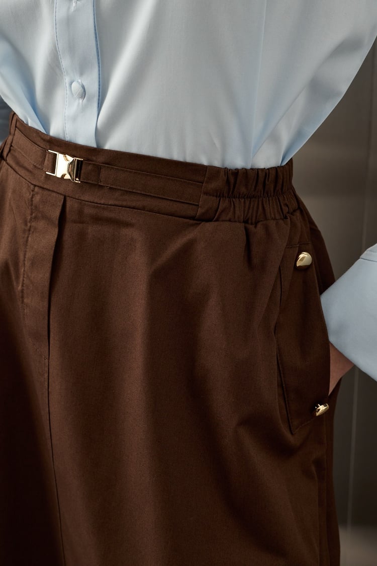 Gabardin Gold Düğmeli Pamuklu Çan Etek KAHVERENGİ