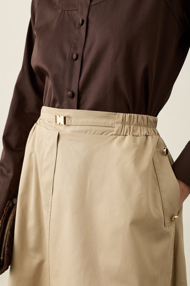 Gabardin Gold Düğmeli Pamuklu Çan Etek BEJ