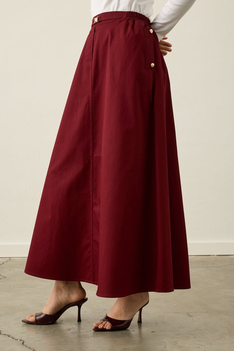 Gabardin Gold Düğmeli Pamuklu Çan Etek MÜRDÜM