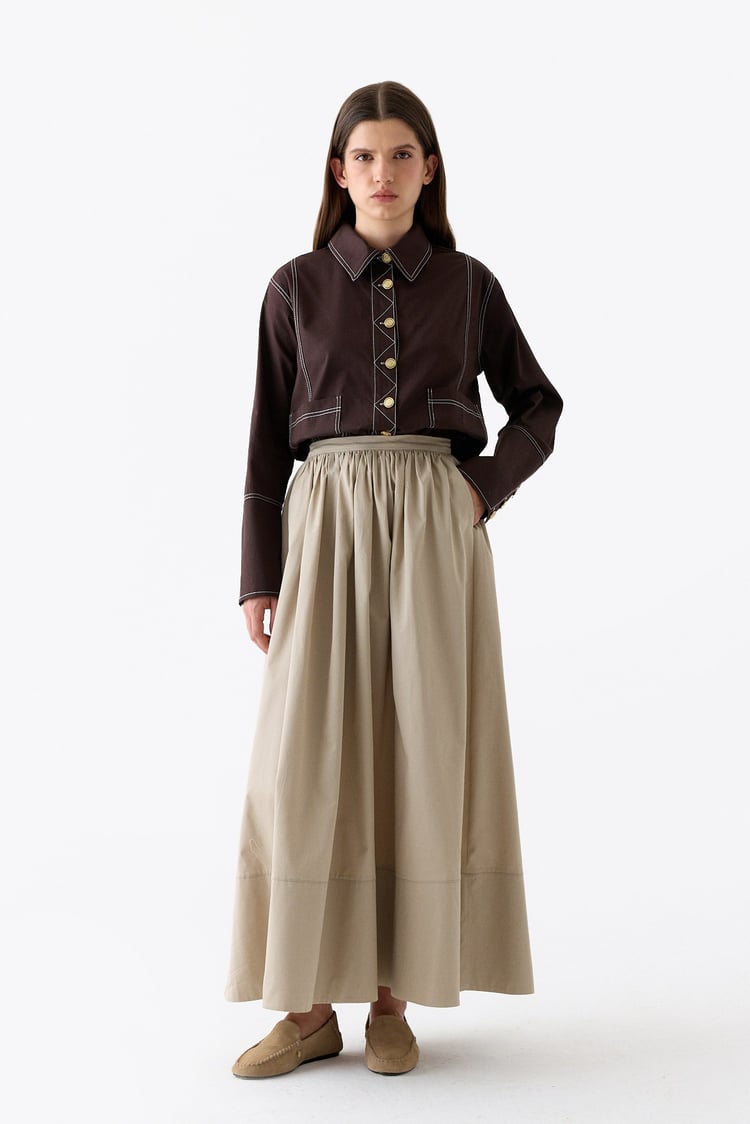 Gabardin Kumaşlı Büzgülü Pamuklu Etek BEJ