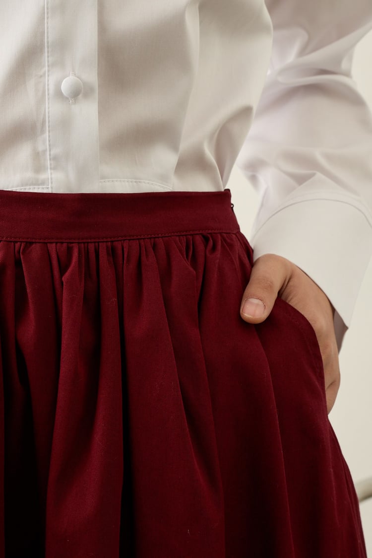 Gabardin Kumaşlı Büzgülü Pamuklu Etek MÜRDÜM