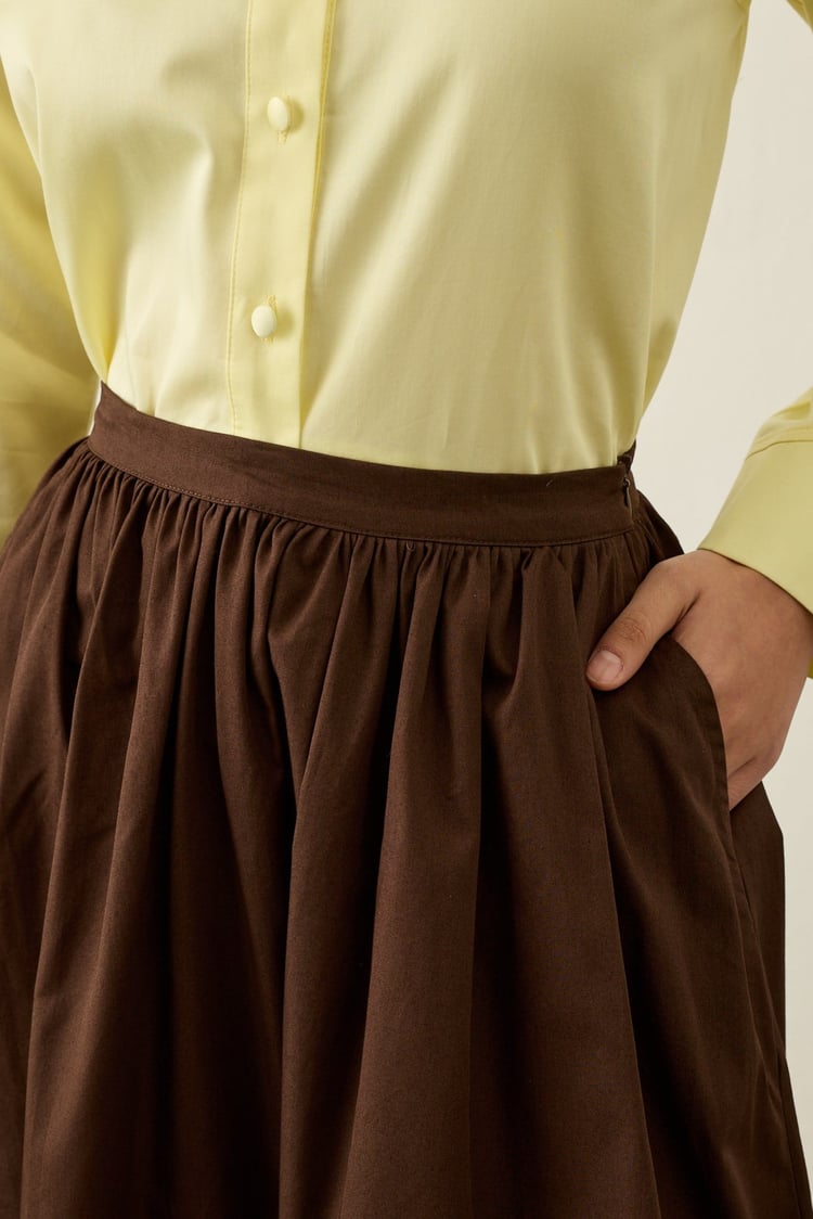 Gabardin Kumaşlı Büzgülü Pamuklu Etek KAHVERENGİ