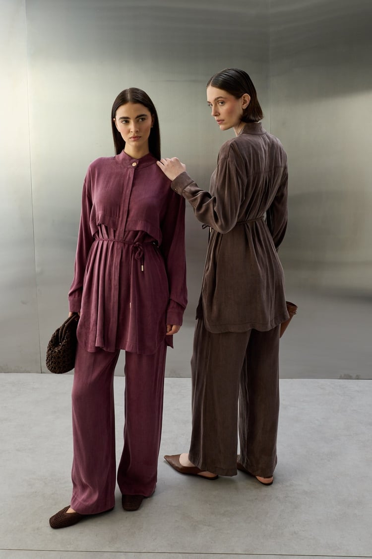 Jasmy Allerli Düğmeli Lyocell Pantolonlu Takım MÜRDÜM