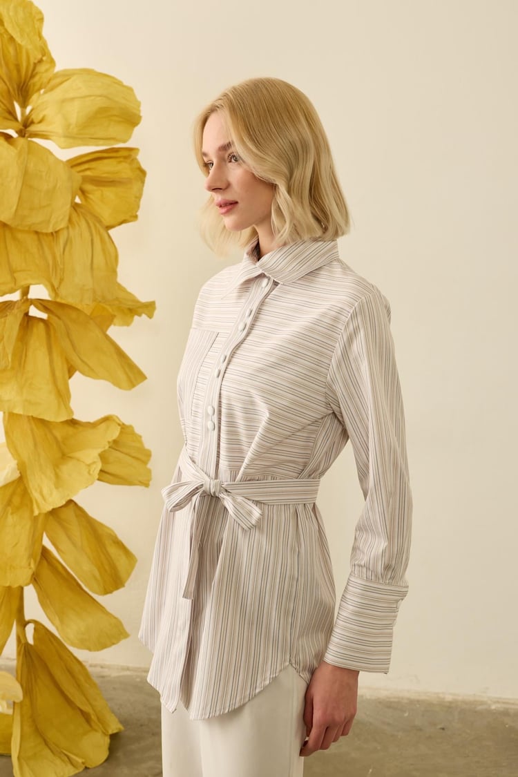 Linens Seyyar Kuşaklı Çizgili Pamuk Gömlek BEJ