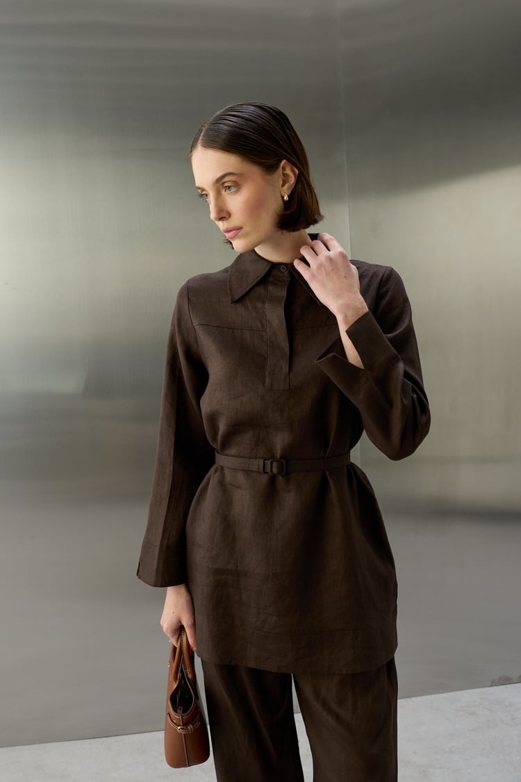 Luba Yarım Patlı Gömlek Yaka Keten Pantolonlu Takım KAHVERENGİ