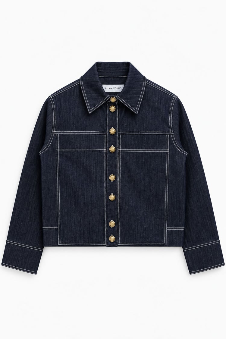 Luv Düğmeli Kontrast Dikişli Denim Ceket LACİVERT