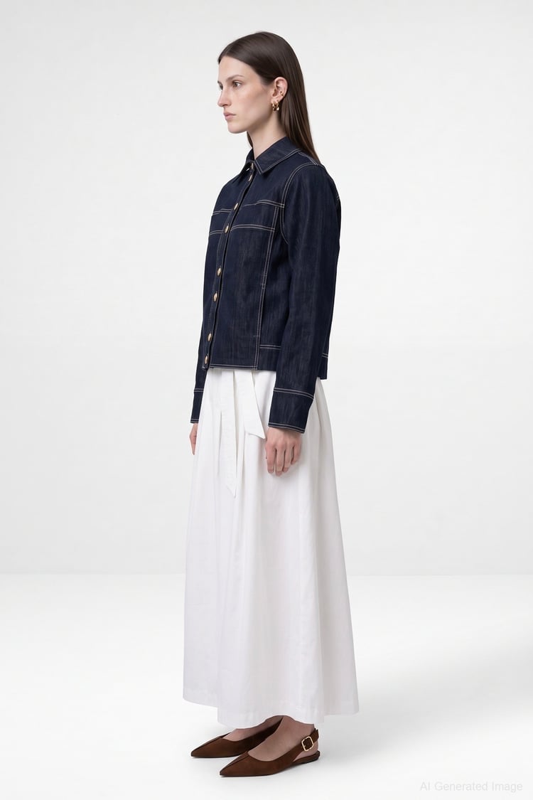 Luv Düğmeli Kontrast Dikişli Denim Ceket LACİVERT