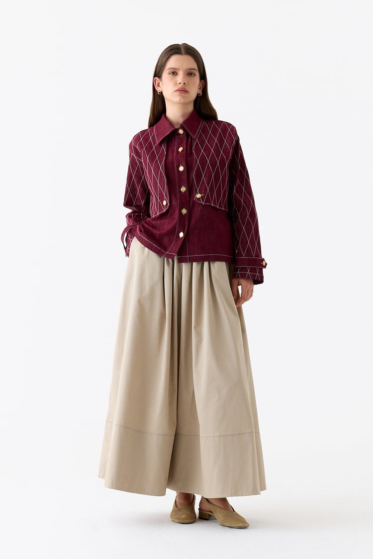 Mono Kapitone Dikişli Denim Ceket BORDO