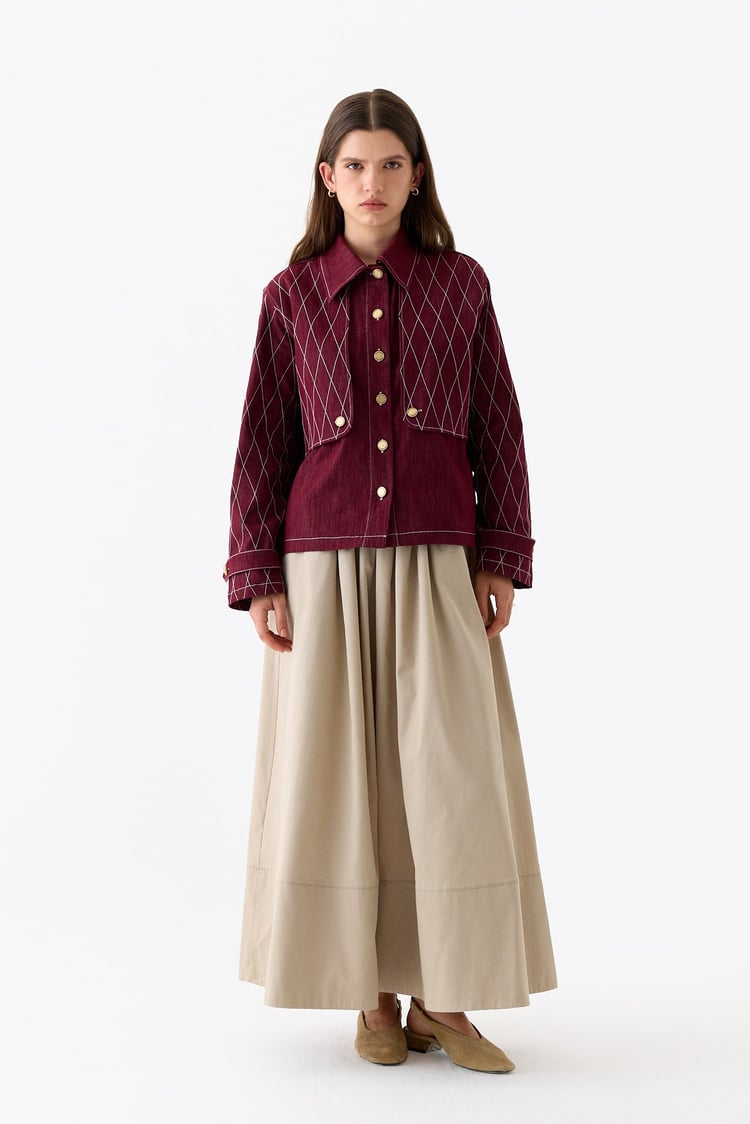 Mono Kapitone Dikişli Denim Ceket BORDO
