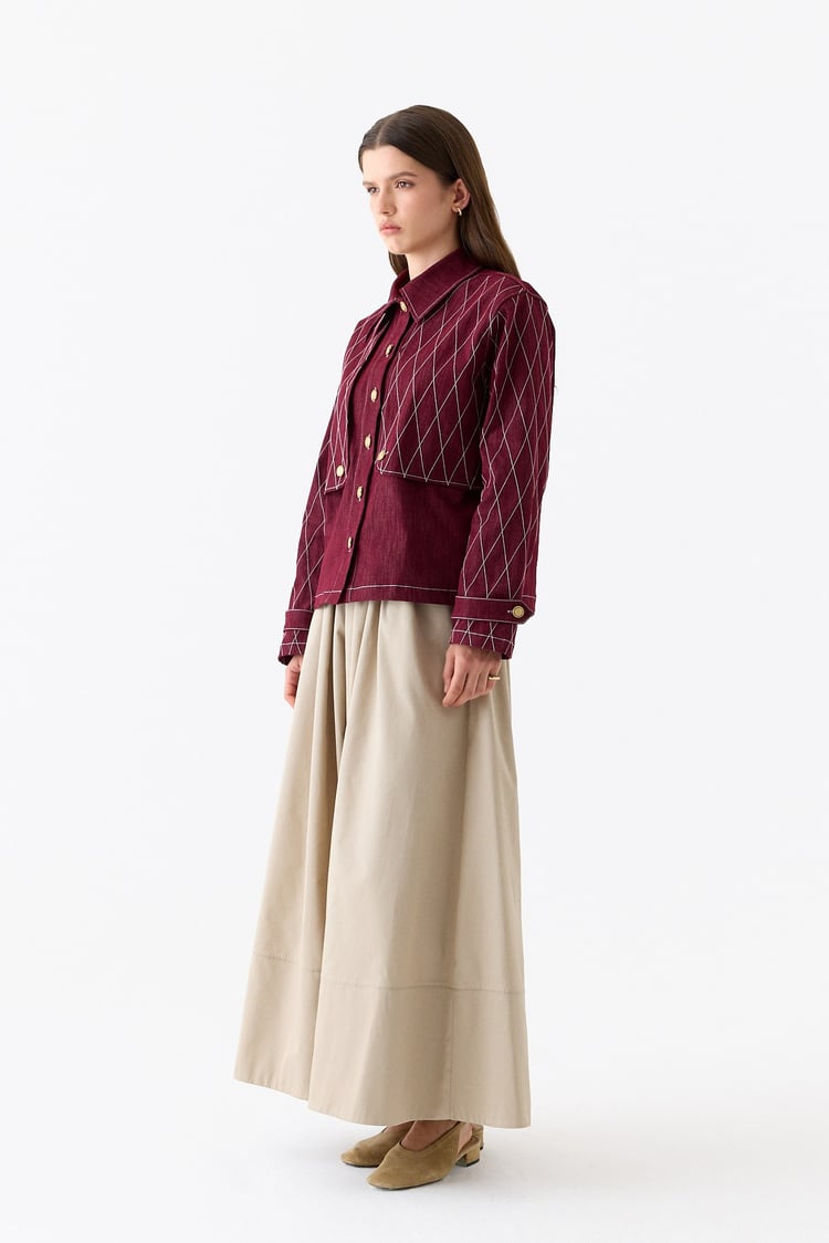 Mono Kapitone Dikişli Denim Ceket BORDO